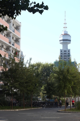 The exchange student building at the left