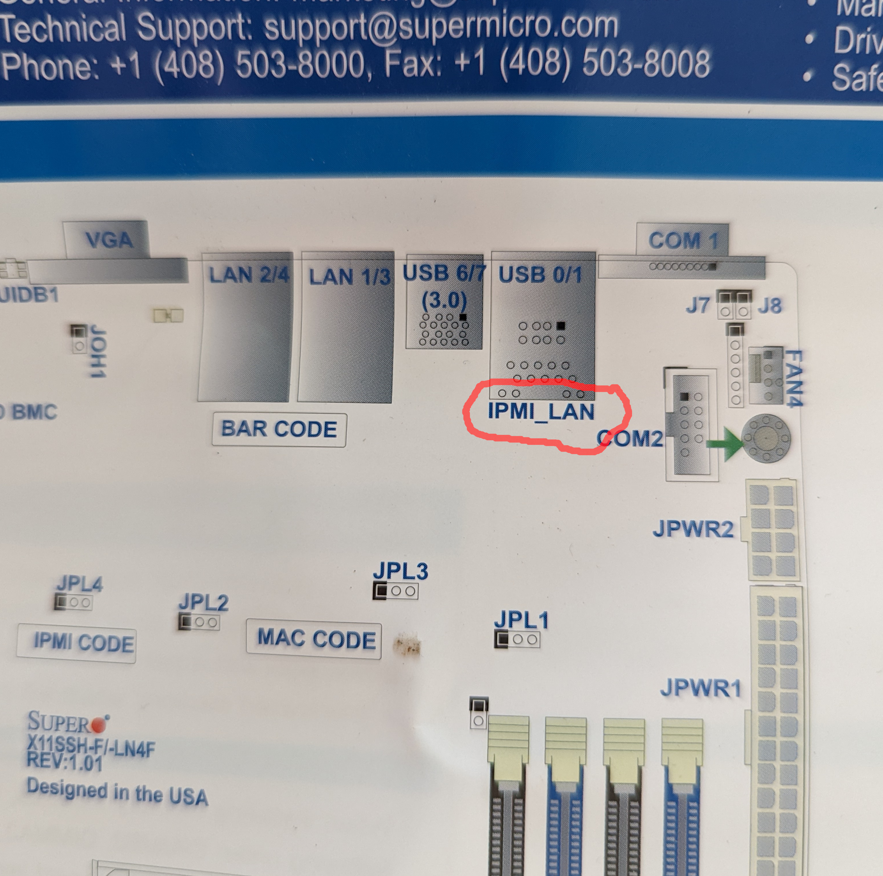 A photo of the Supermicro board layout diagram with the IPMI LAN port highlighted