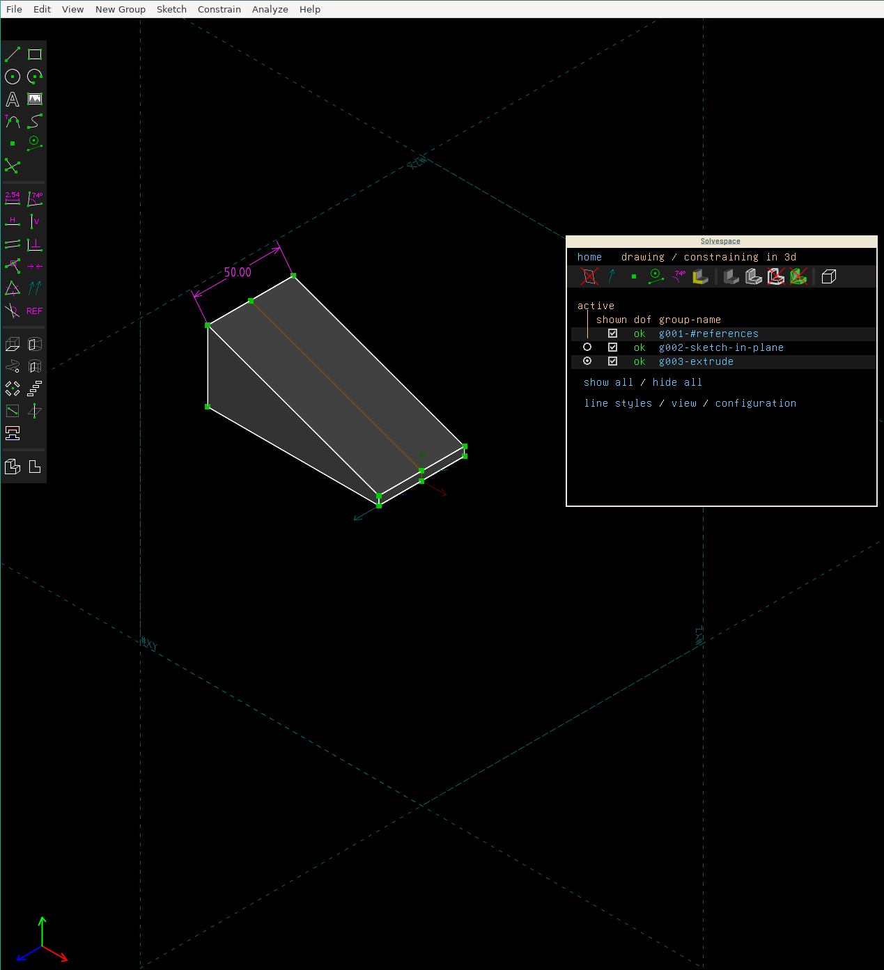The extruded sketch, with a distance constraint added to the top edge