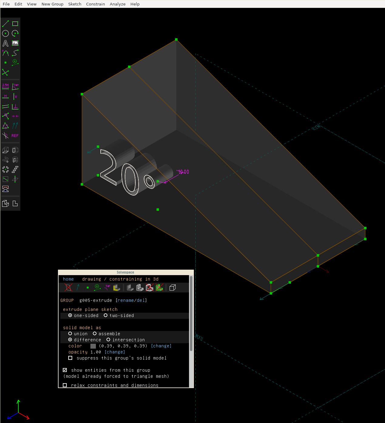 An isometric view of the wedge, with text and a distance constraint on the extrusion