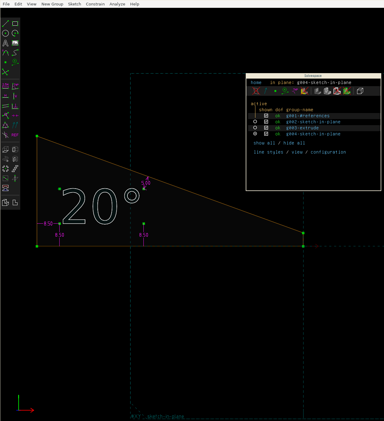 A "20°" text in the workplane, with four distance constraints specifying the location.
